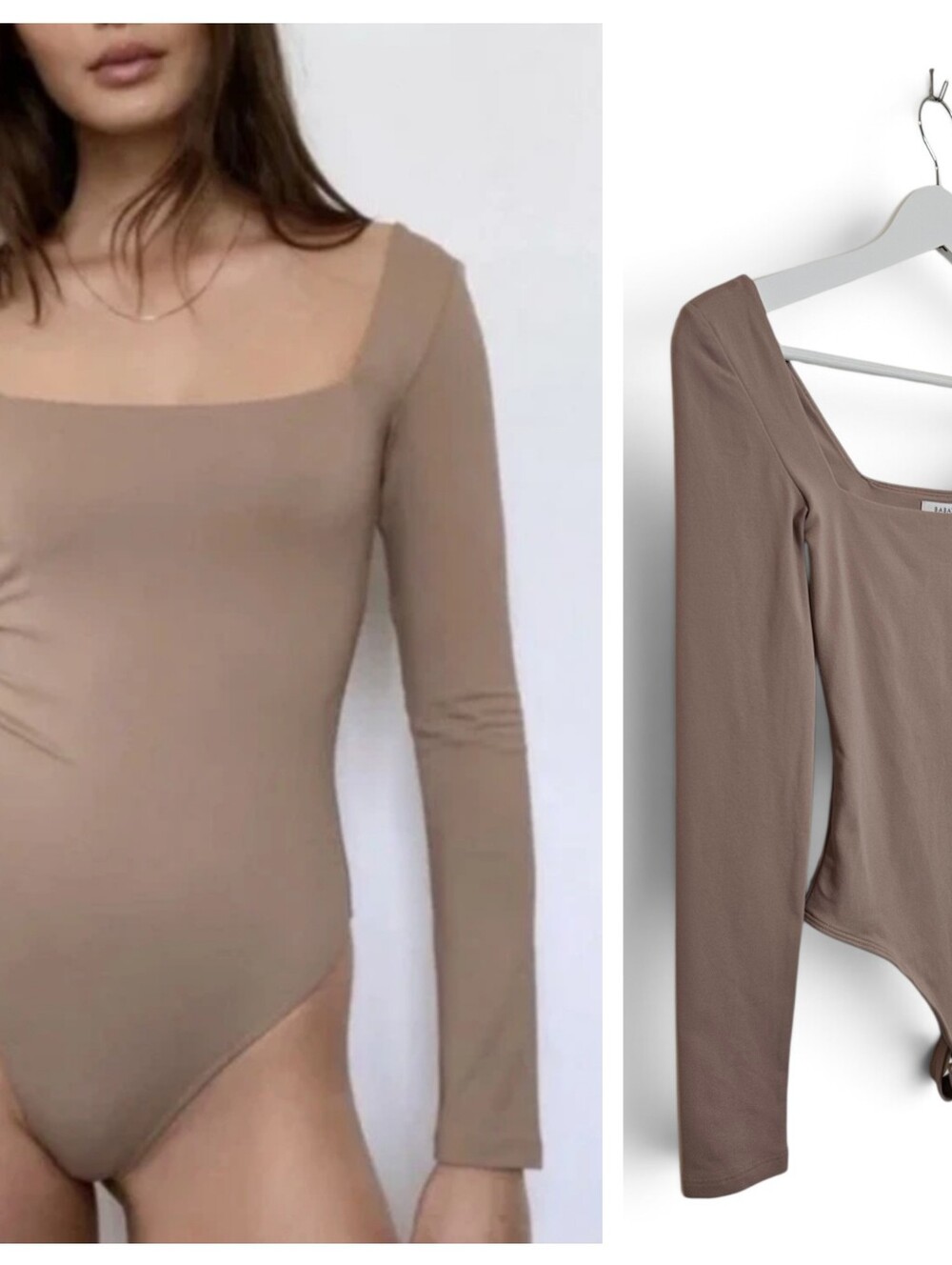 Aritzia Babaton Bodysuit XS Contour Squareneck Long Sleeve Thong Taupe Brown